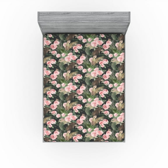 Ambesonne Rosetta Fitted Sheet, Nostalgic Floral Print Boho, California King, Pale Pink Jade Green