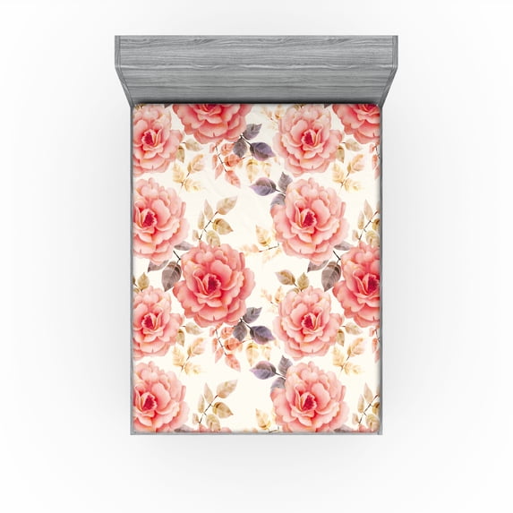 Ambesonne Rosetta Fitted Sheet, Vintage Rose Floral Boho, California King, Coral Cream and Sage Green