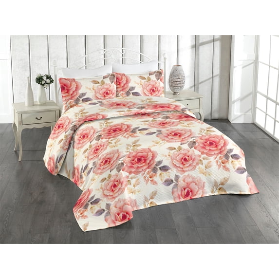 Ambesonne Rosetta Quilted Bedspread Set 3 Pcs, Vintage Rose Floral Boho, Twin, Coral Cream and Sage Green