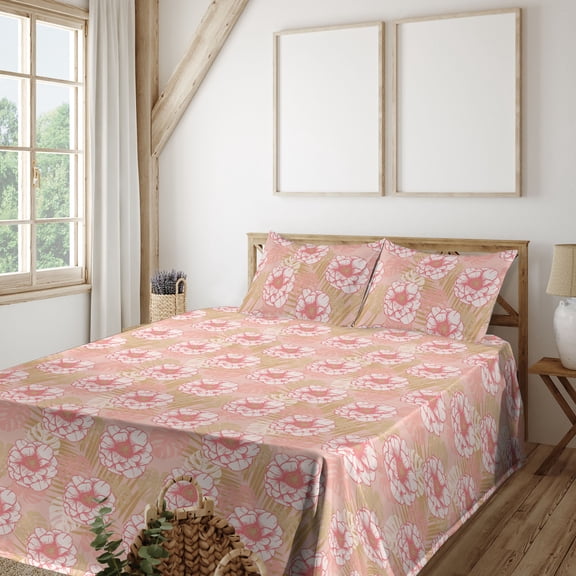 Ambesonne Rosette Pattern Fitted & Flat Sheet with Shams 4 Pcs Set, Aloha Roses Leaves, King, Pastel Pink Avocado Green