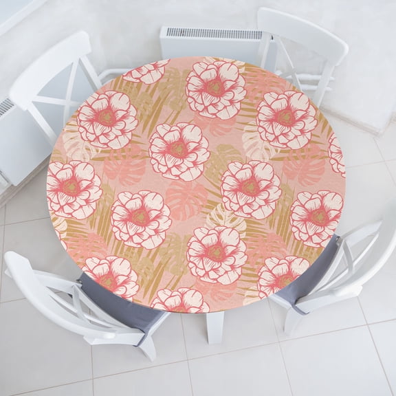 Ambesonne Rosette Pattern Fitted Round Tablecloth, Aloha Roses Leaves, 56"- 60" Diameter, Pastel Pink Avocado Green