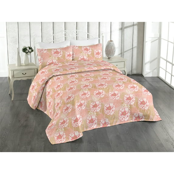Ambesonne Rosette Pattern Quilted Bedspread Set 3 Pcs, Aloha Roses Leaves, Twin, Pastel Pink Avocado Green