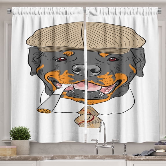 Ambesonne Rottweiler Kitchen Curtains, Dog in a Cap and Tie, 55"x39", Multicolor