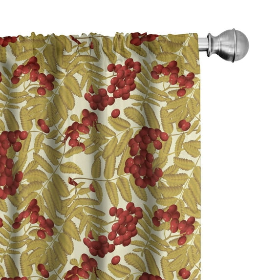 Ambesonne Rowan Window Curtains, Juicy Ripe Fruits Leafage, Each 28" W x 84" L, Vermilion Mustard and White