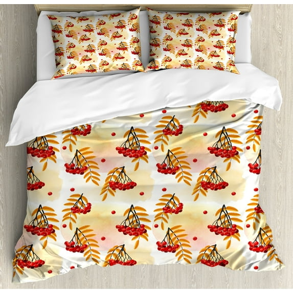 Ambesonne Rowan Duvet Cover Set, Romantic Fall Season Tile, 2-Calking, Orange Red Peach