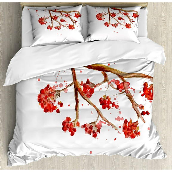 Ambesonne Rowan Duvet Cover Set, Tree Watercolor Splashes, Calking, Red Brown White