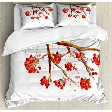 Ambesonne Rowan Duvet Cover Set, Tree Watercolor Splashes, Queen, Red Brown White