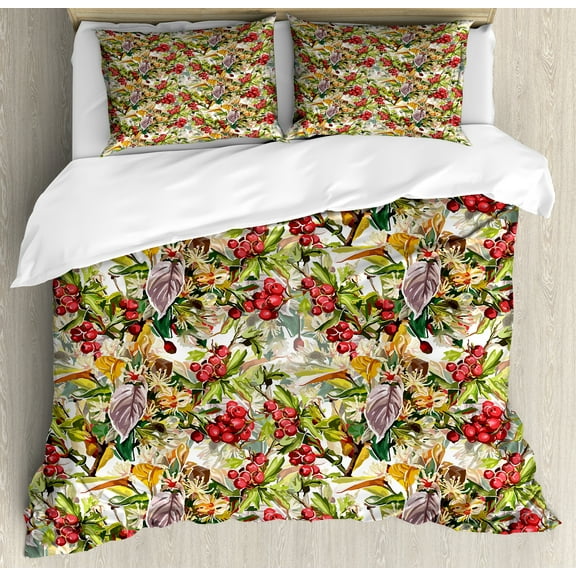 Ambesonne Rowan Duvet Cover Sets, Flower Berries Rustic Art, 2-Queen, Multicolor
