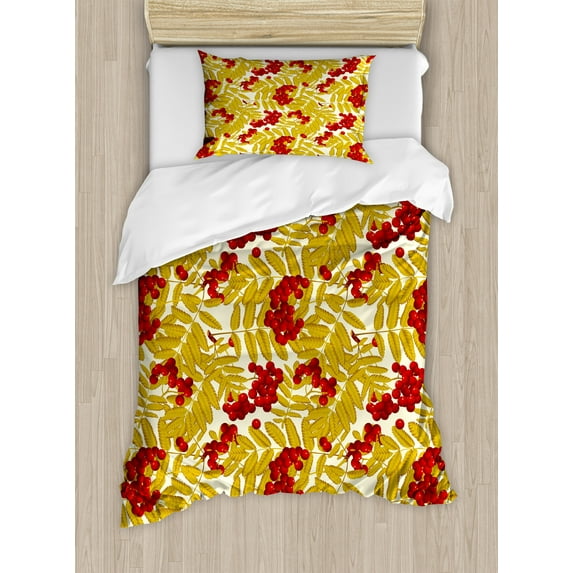 Ambesonne Rowan Duvet Cover Sets, Juicy Ripe Fruits Leafage, 2-Twin, Vermilion Mustard and White
