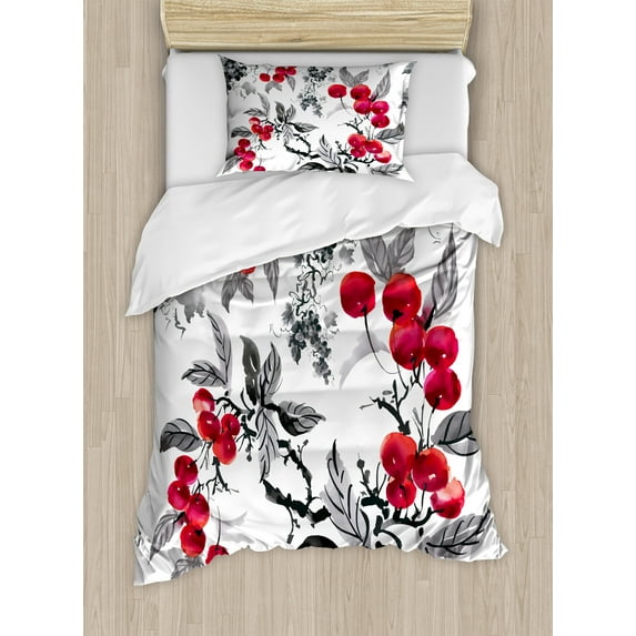 Ambesonne Rowan Duvet Cover Sets, Mountain Ashes Art, 2-Twin, Ruby Grey Black