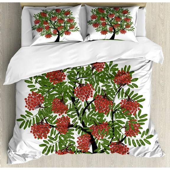 Ambesonne Rowan Duvet Cover Sets, Tree Full of Fruits Art, 2-King, Olive Green Dark Coral