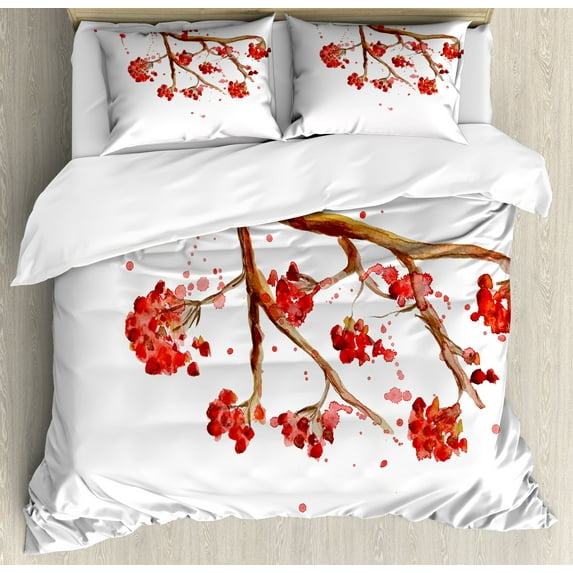 Ambesonne Rowan Duvet Cover Sets, Tree Watercolor Splashes, 2-Queen, Red Brown White