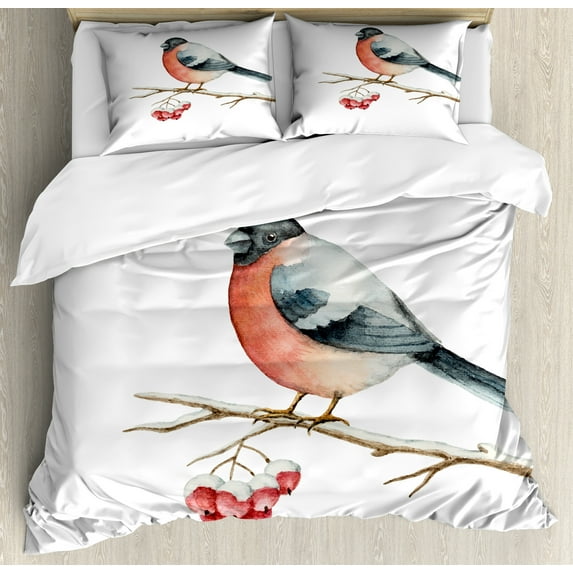 Ambesonne Rowan Duvet Cover Sets, Wild Bird Watercolor, 2-King, Coral Pale Grey Black