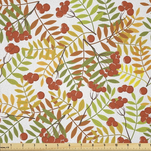 Ambesonne Rowan Fabric by the Yard Microfiber, Rural Plants Wilderness, 2 Yards, Green Orange Yellow