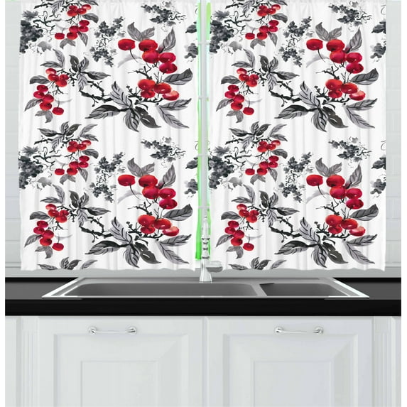 Ambesonne Rowan Kitchen Curtains, Abstract Botany Garden, 55"x39", Ruby Grey Black