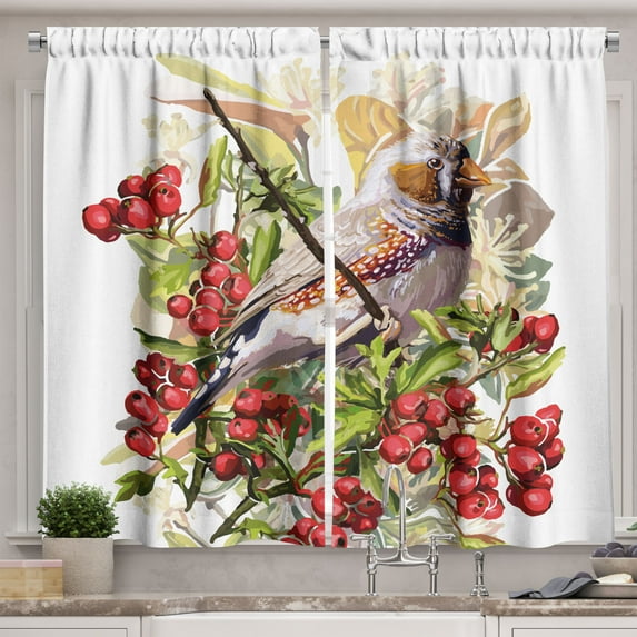 Ambesonne Rowan Kitchen Curtains, Colorful Bird and Shrubs, 55"x39", Multicolor
