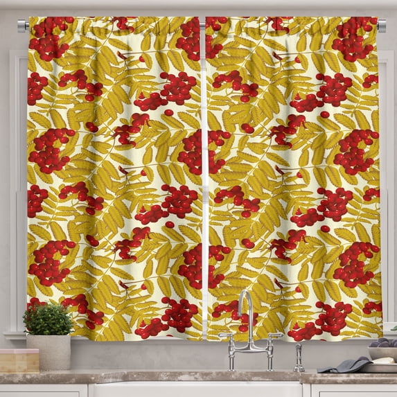 Ambesonne Rowan Kitchen Curtains, Juicy Ripe Fruits Leafage, 55"x39", Vermilion Mustard and White