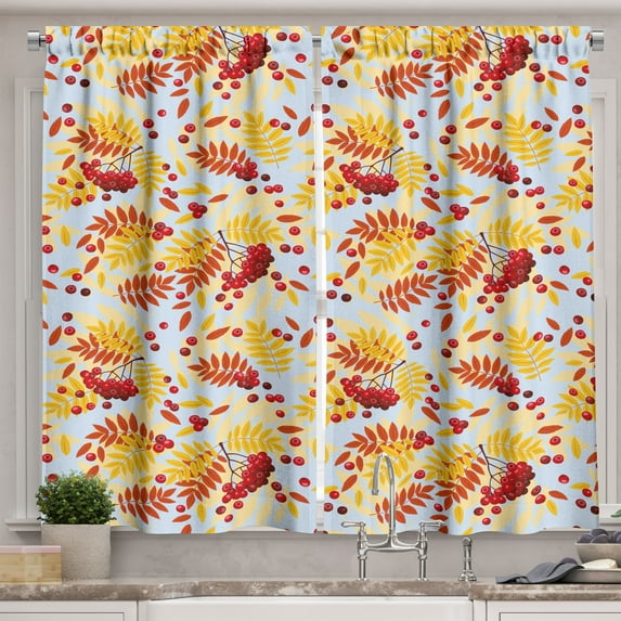 Ambesonne Rowan Kitchen Curtains, Ripe Berries Dried Leaves, 55"x45", Pale Blue Yellow Red