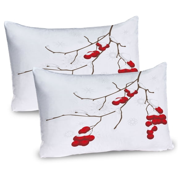 Ambesonne Rowan Pillow Sham 2 Pack, Plant with Snow, 30"x20", Red White Umber