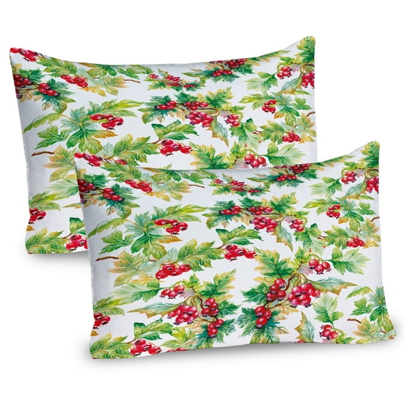 Ambesonne Rowan Pillow Sham 2 Pack, Watercolor Berries Winter, 30"x20", Scarlet Mustard Green