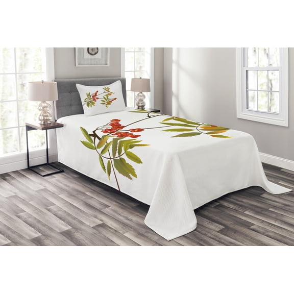 Ambesonne Rowan Quilted Bedspread Set 2 Pcs, Ashberry Paint Print Nature, Twin Size, undefined