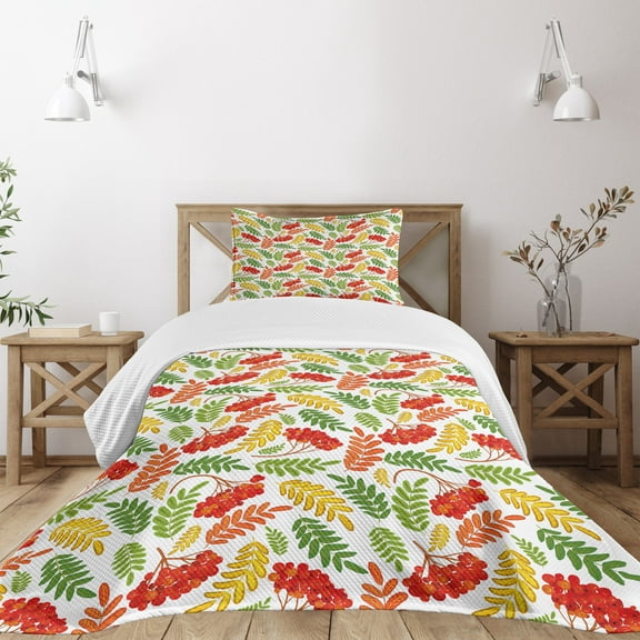 Ambesonne Rowan Quilted Bedspread Set 2 Pcs, Autumnal Flora Pattern, Twin Size, Multicolor