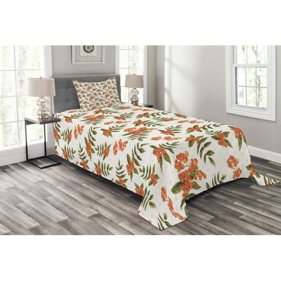 Ambesonne Rowan Quilted Bedspread Set 2 Pcs, Botanical Foliage Nature, Twin Size, Dark Green Pale Pink