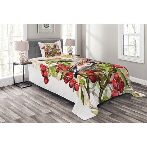 Ambesonne Rowan Quilted Bedspread Set 2 Pcs, Colorful Bird and Shrubs, Twin Size, Multicolor