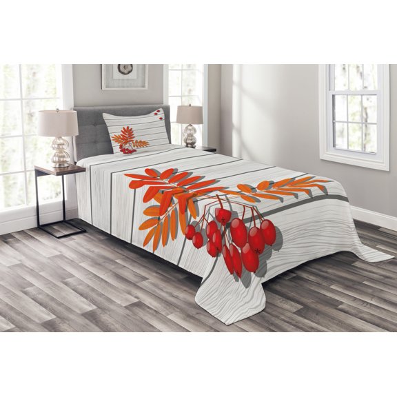 Ambesonne Rowan Quilted Bedspread Set 2 Pcs, Freshness Growth Ecology, Twin Size, Orange and Grey