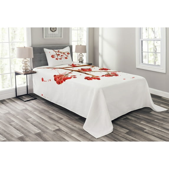 Ambesonne Rowan Quilted Bedspread Set 2 Pcs, Tree Watercolor Splashes, Twin Size, Red Brown White