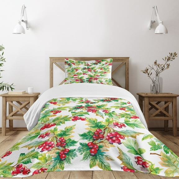 Ambesonne Rowan Quilted Bedspread Set 2 Pcs, Watercolor Berries Winter, Twin Size, Scarlet Mustard Green