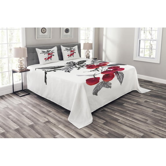 Ambesonne Rowan Quilted Bedspread Set 3 Pcs, Branch of Rowan Art, King Size, Grey Red Black