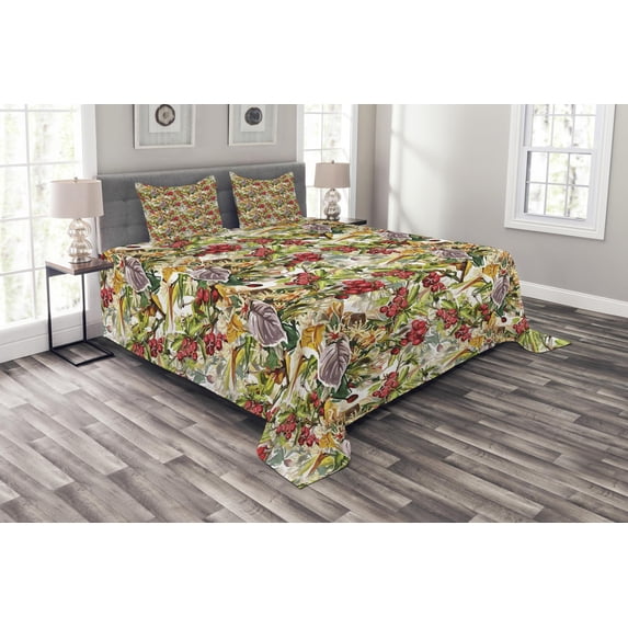 Ambesonne Rowan Quilted Bedspread Set 3 Pcs, Flower Berries Rustic Art, Queen Size, Multicolor