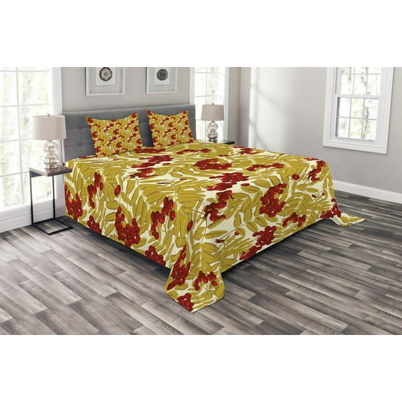 Ambesonne Rowan Quilted Bedspread Set 3 Pcs, Juicy Ripe Fruits Leafage, Queen Size, Vermilion Mustard and White