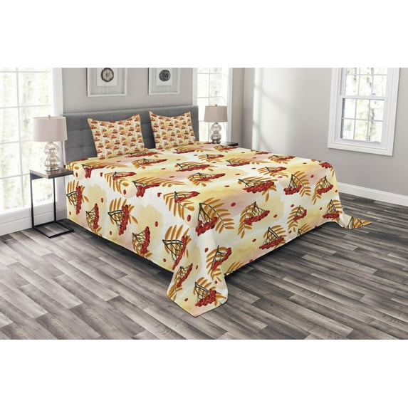 Ambesonne Rowan Quilted Bedspread Set 3 Pcs, Romantic Fall Season Tile, King Size, Orange Red Peach