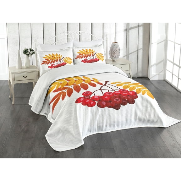 Ambesonne Rowan Quilted Bedspread Set 3 Pcs, Rural Berries in Fall, Queen Size, Dark Orange Yellow Red