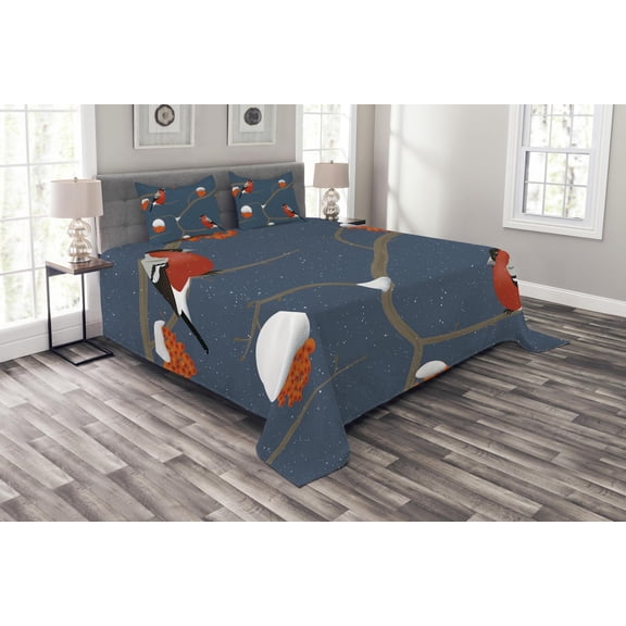 Ambesonne Rowan Quilted Bedspread Set 3 Pcs, Snowy Tree Branches Birds, King Size, Dark Blue Orange Red