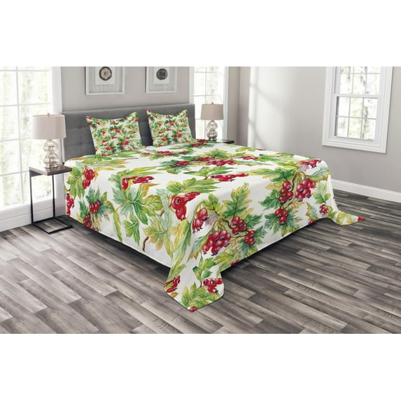 Ambesonne Rowan Quilted Bedspread Set 3 Pcs, Watercolor Berries Winter, Queen Size, Scarlet Mustard Green