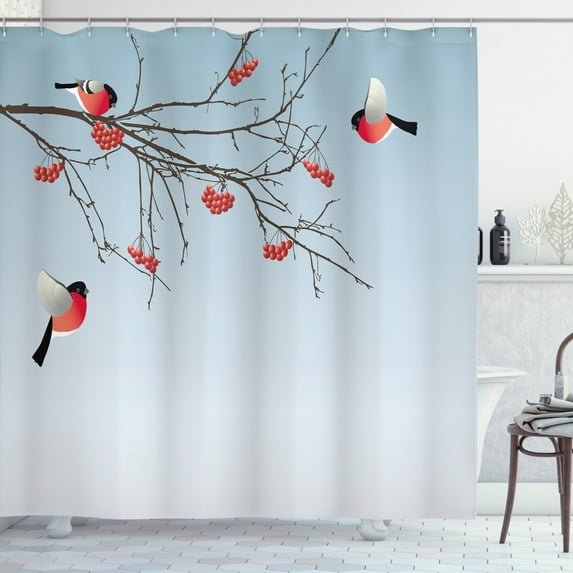 Ambesonne Rowan Shower Curtain, Bullfinch Birds Branches, 69"Wx84"L, Dark Brown Pale Blue