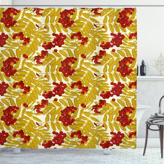 Ambesonne Rowan Shower Curtain, Juicy Ripe Fruits Leafage, 69"Wx84"L, Vermilion Mustard and White