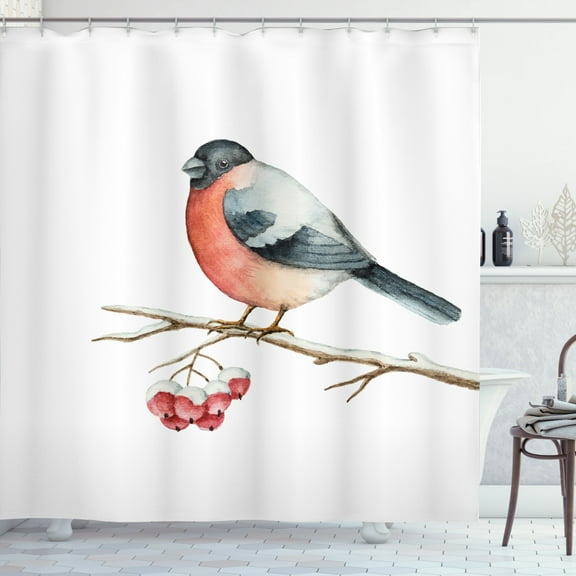 Ambesonne Rowan Shower Curtain, Wild Bird Watercolor, 69"Wx75"L, Coral Pale Grey Black