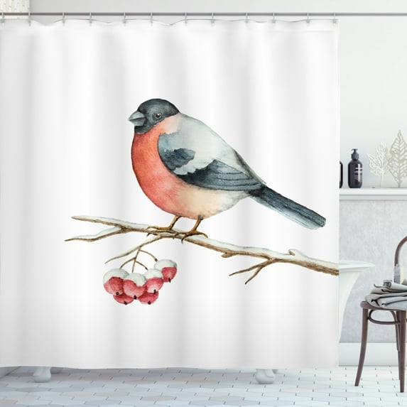 Ambesonne Rowan Shower Curtain, Wild Bird Watercolor, 69"Wx75"L, Coral Pale Grey Black