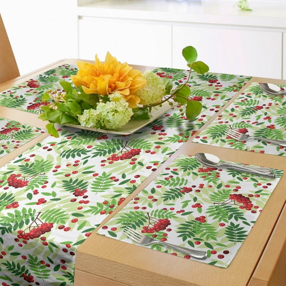 Ambesonne Rowan Table Runner & Placemats, Green Leaves Wild Fruits, Placemat 4 pcs + Runner 12"x72", Apple Green Fern Green