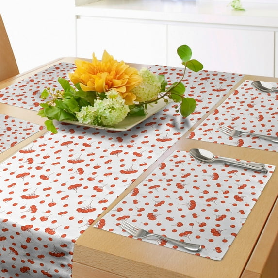 Ambesonne Rowan Table Runner & Placemats, Juicy Ashberries Graphic, Placemat 4 pcs + Runner 12"x72", Scarlet White