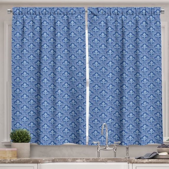 Ambesonne Royal Blue Kitchen Curtains, Retro Floral Traditional, 55"x30", Dark Violet and Pale Teal
