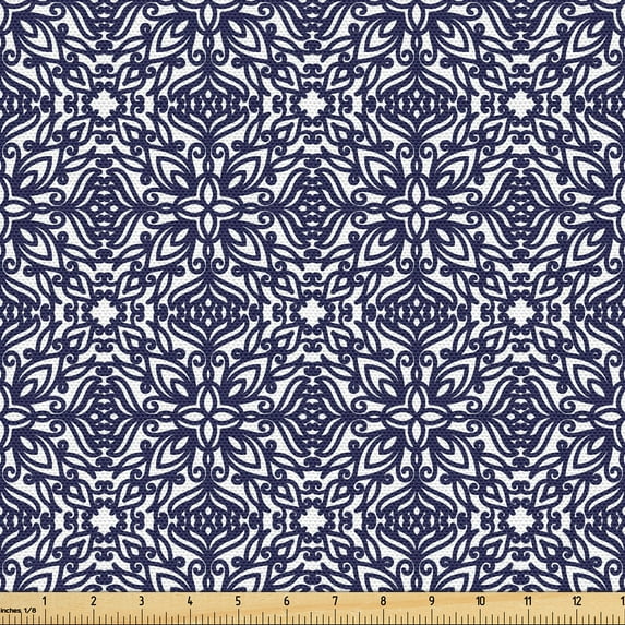 Ambesonne Royal Fabric by the Yard Upholstery, Vintage Floral Ornament Art, 1 Yard, Dark Lavender Navy Blue