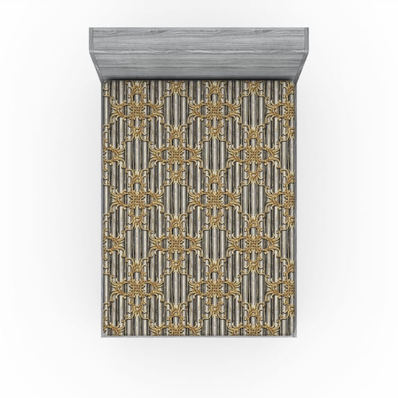 Ambesonne Royal Fitted Sheet, Abstract Modern Floral Stripe, Queen Size, Dark Mustard Amber