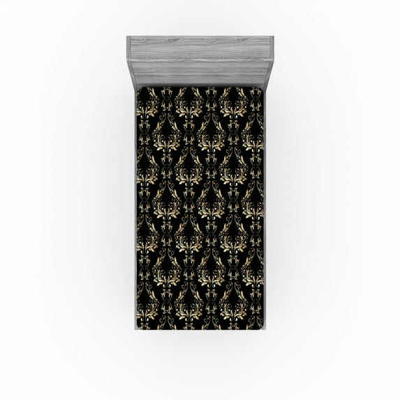 Ambesonne Royal Fitted Sheet, Floral Rococo Design Damask, Twin XL Size, Charcoal Grey and Pale Yellow