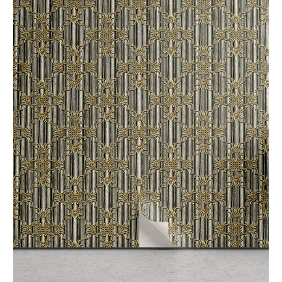 Ambesonne Royal Peel & Stick Wallpaper for Home, Abstract Modern Floral Stripe, 13"x72", Dark Mustard Amber