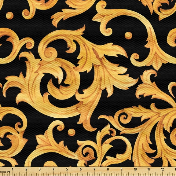 Ambesonne Royal Themed Fabric by the Yard, Classic Rococo Motif, 1 Yard, Dark Grey and Marigold